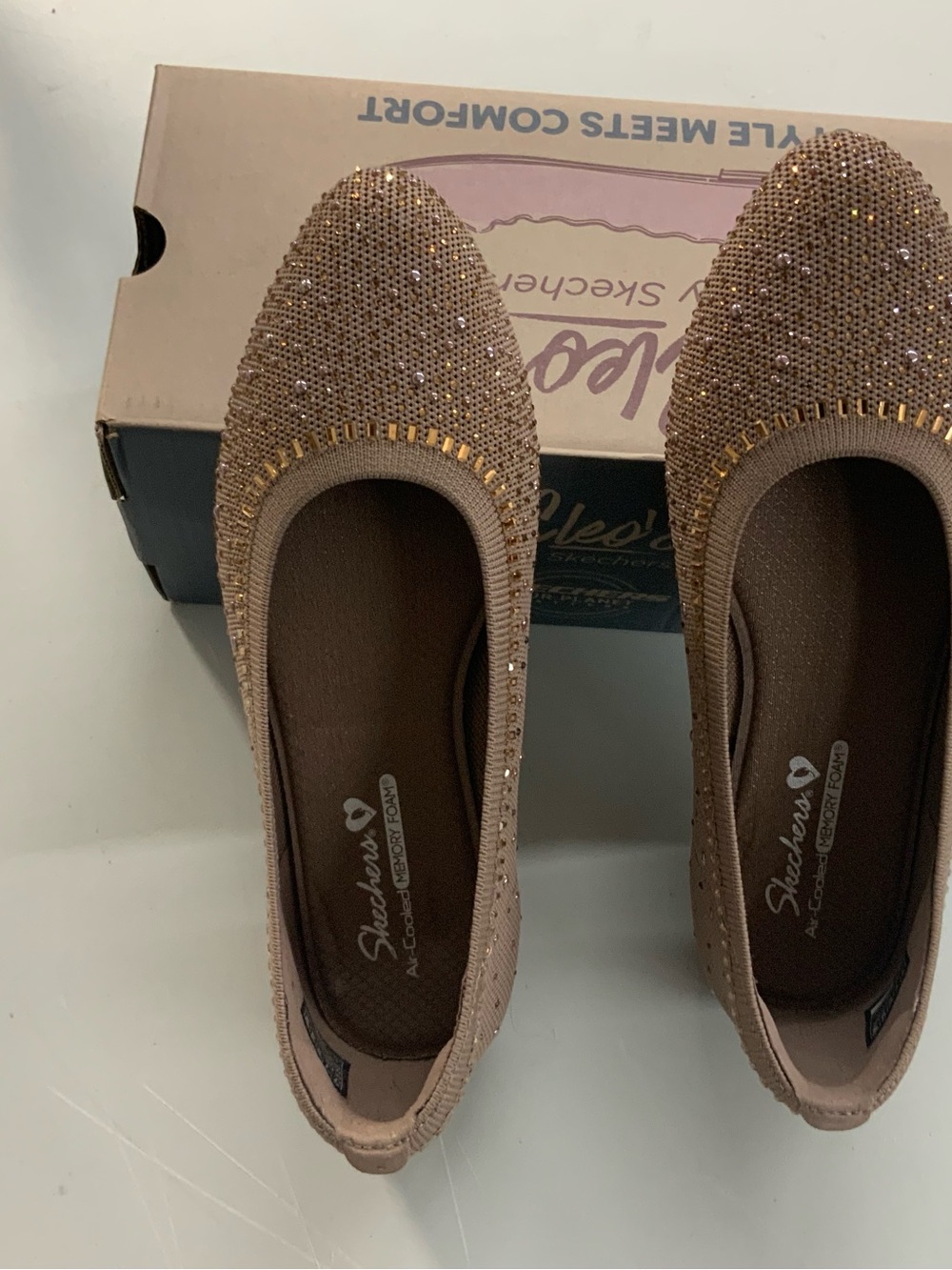 Skechers Women’s Rose-Beige Crystal Slip-On Ballet Flats